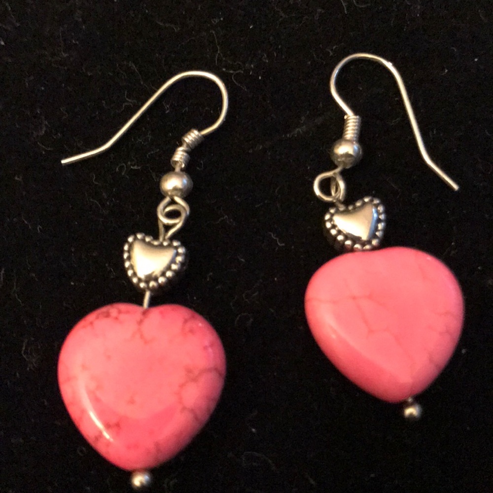 Dangle sterling silver & pink heart earrings